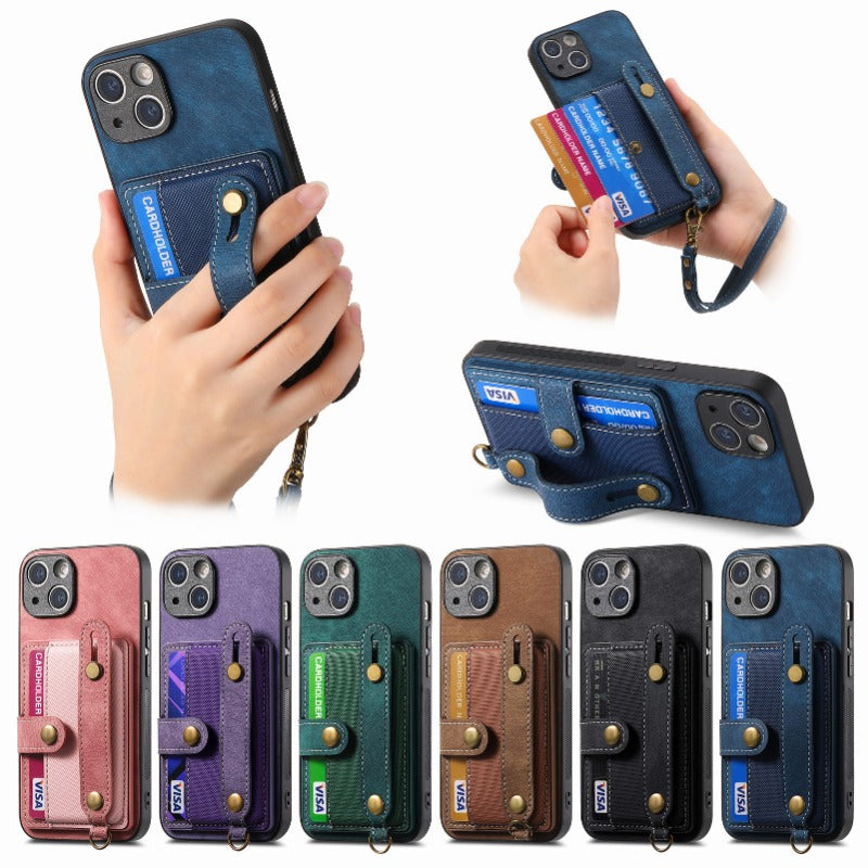 Luxury PU Leather Wallet iPhone Case with Wrist Strap – Stand Function, Card Holder, Protection for Secure and Convenience