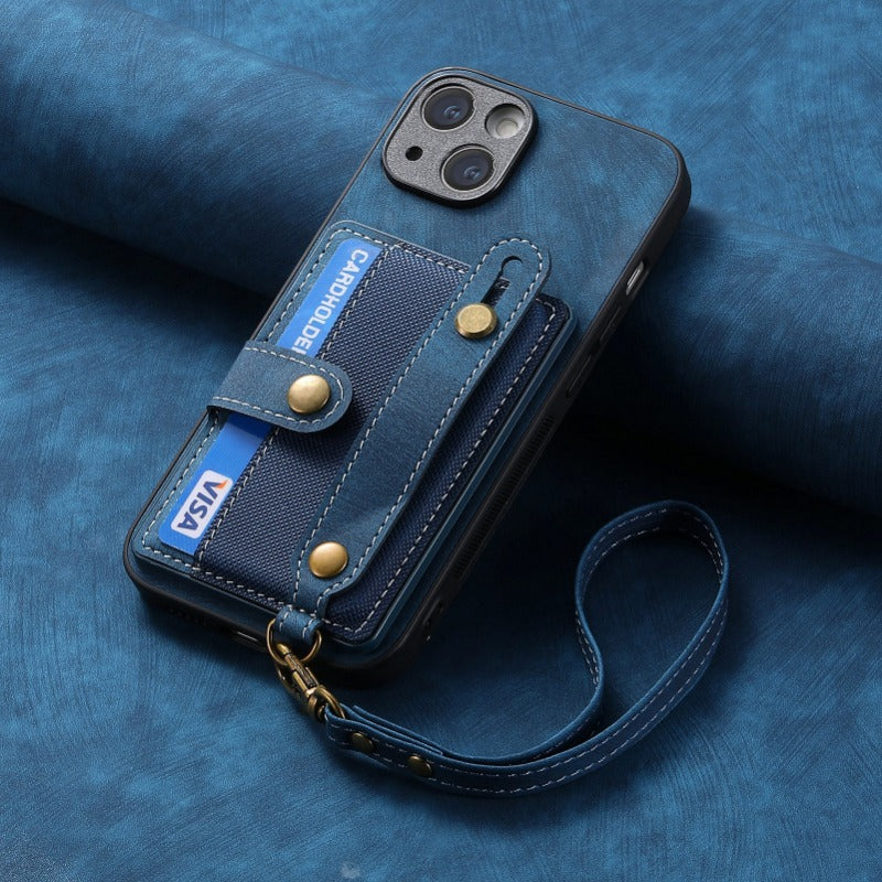 Luxury PU Leather Wallet iPhone Case with Wrist Strap – Stand Function, Card Holder, Protection for Secure and Convenience