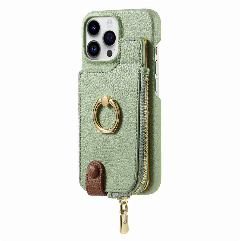 Luxury Leather Zipper Wallet iPhone Case – Card Holder, Ring Kickstand, Shockproof Cover for iPhone Models