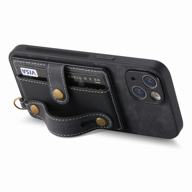 Luxury PU Leather Wallet iPhone Case with Wrist Strap – Stand Function, Card Holder, Protection for Secure and Convenience