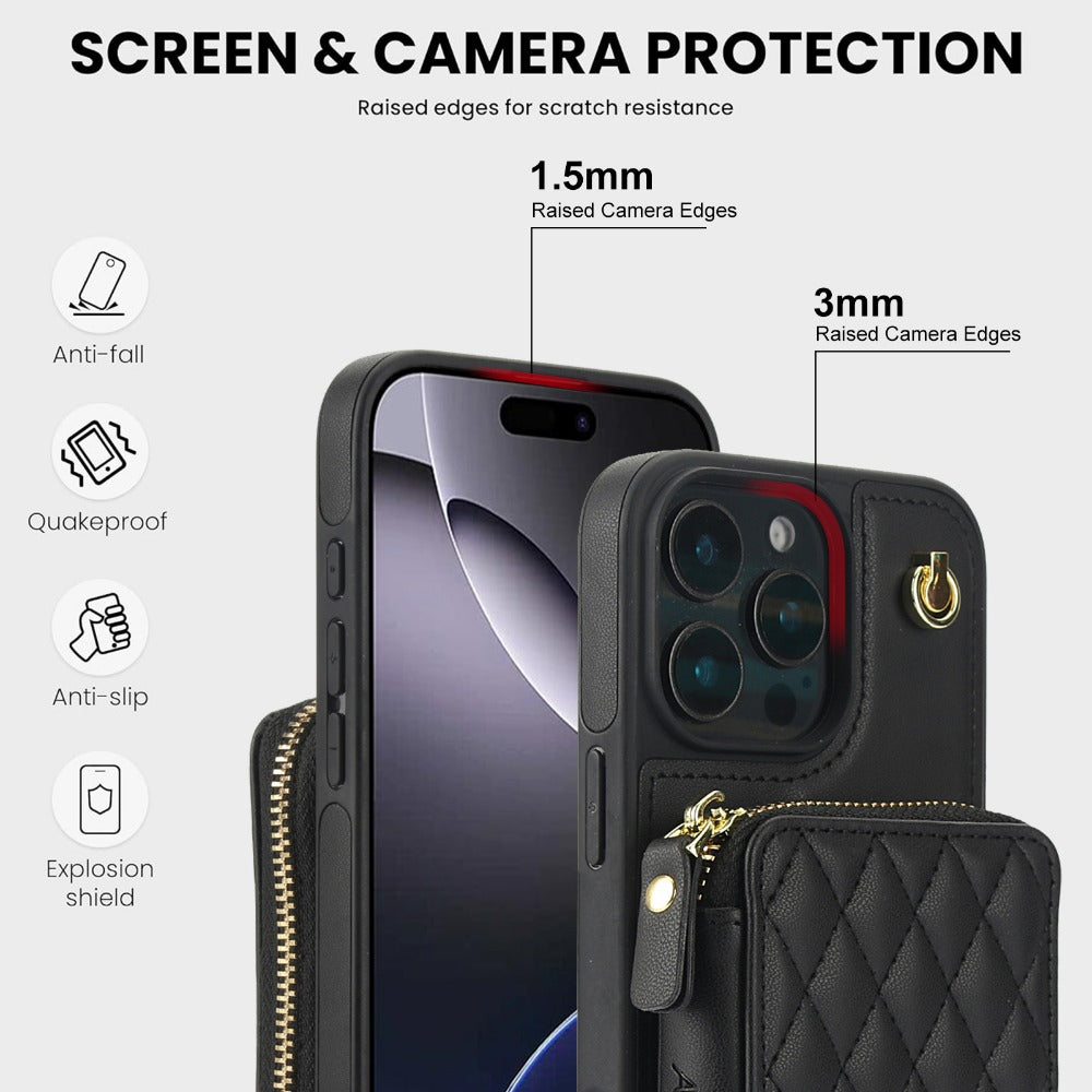 Luxury Crossbody Lanyard iPhone Case – Zipper Wallet Leather Cover with Card Holder, and Full Protection for iPhone Models