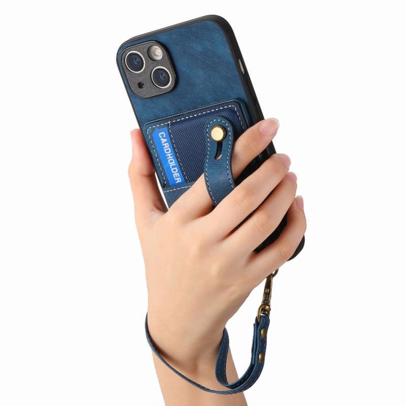 Luxury PU Leather Wallet iPhone Case with Wrist Strap – Stand Function, Card Holder, Protection for Secure and Convenience