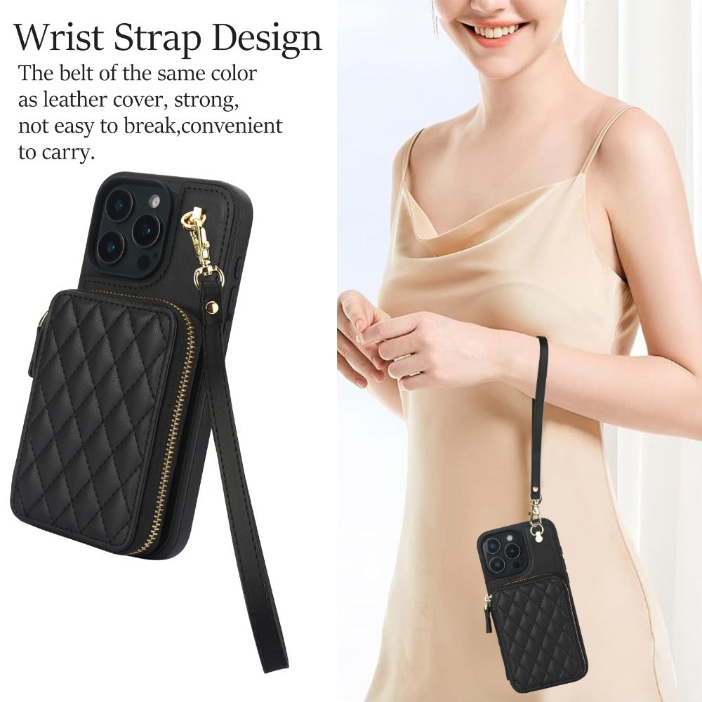 Luxury Crossbody Lanyard iPhone Case – Zipper Wallet Leather Cover with Card Holder, and Full Protection for iPhone Models