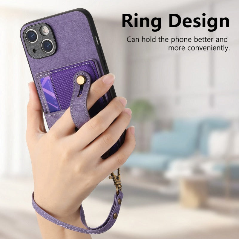 Luxury PU Leather Wallet iPhone Case with Wrist Strap – Stand Function, Card Holder, Protection for Secure and Convenience