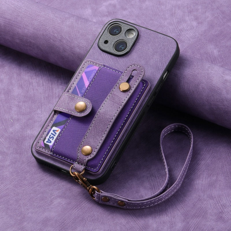 Luxury PU Leather Wallet iPhone Case with Wrist Strap – Stand Function, Card Holder, Protection for Secure and Convenience