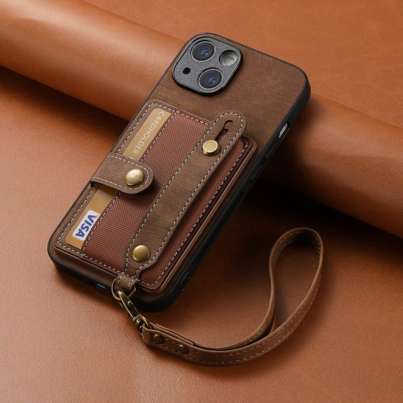 Luxury PU Leather Wallet iPhone Case with Wrist Strap – Stand Function, Card Holder, Protection for Secure and Convenience