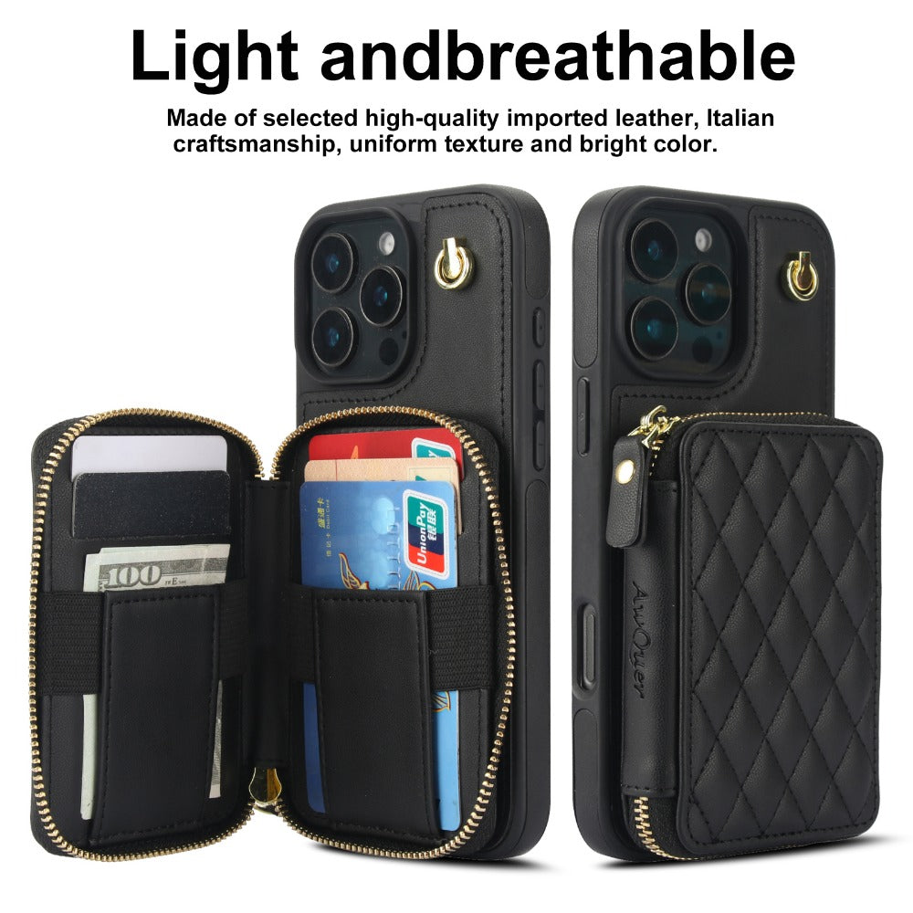 Luxury Crossbody Lanyard iPhone Case – Zipper Wallet Leather Cover with Card Holder, and Full Protection for iPhone Models