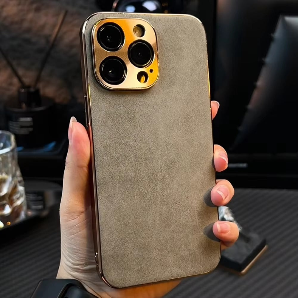 Luxury Lambskin Leather iPhone Case – Electroplated Frame, Soft & Durable Shell, Stylish Protection for Everyday Use