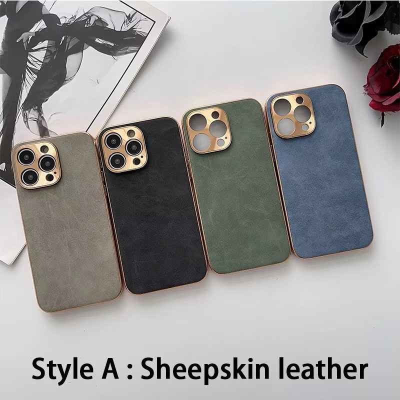 Luxury Lambskin Leather iPhone Case – Electroplated Frame, Soft & Durable Shell, Stylish Protection for Everyday Use