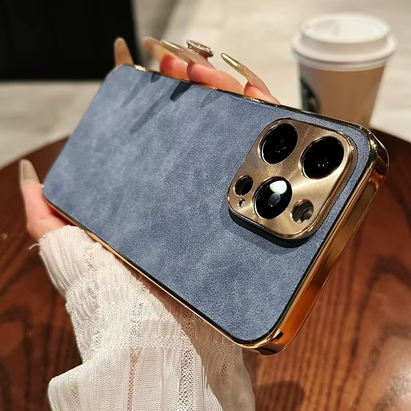 Luxury Lambskin Leather iPhone Case – Electroplated Frame, Soft & Durable Shell, Stylish Protection for Everyday Use