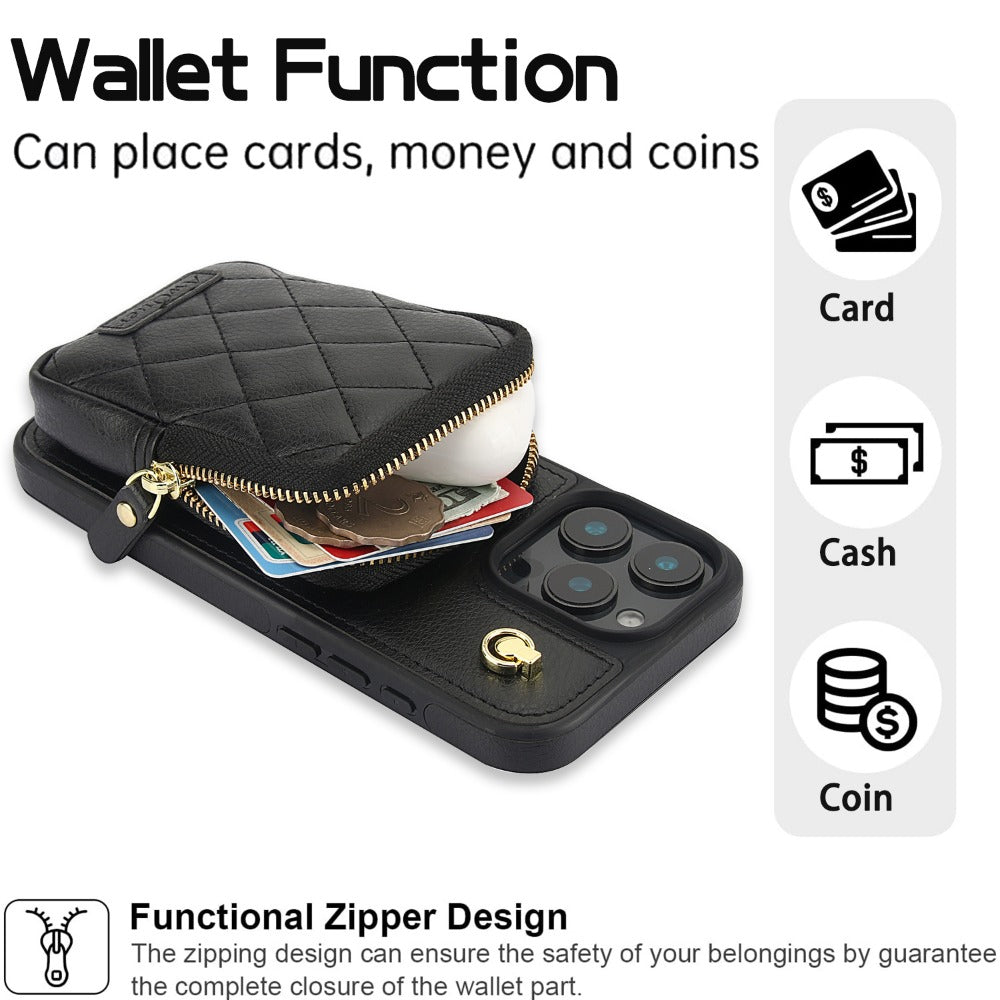 Luxury Crossbody Lanyard iPhone Case – Zipper Wallet Leather Cover with Card Holder, and Full Protection for iPhone Models