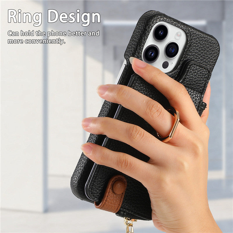 Luxury Leather Zipper Wallet iPhone Case – Card Holder, Ring Kickstand, Shockproof Cover for iPhone Models