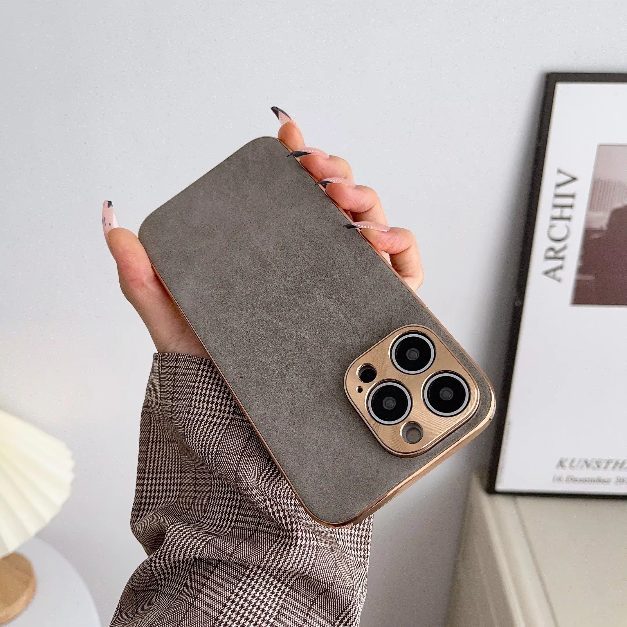 Luxury Lambskin Leather iPhone Case – Electroplated Frame, Soft & Durable Shell, Stylish Protection for Everyday Use