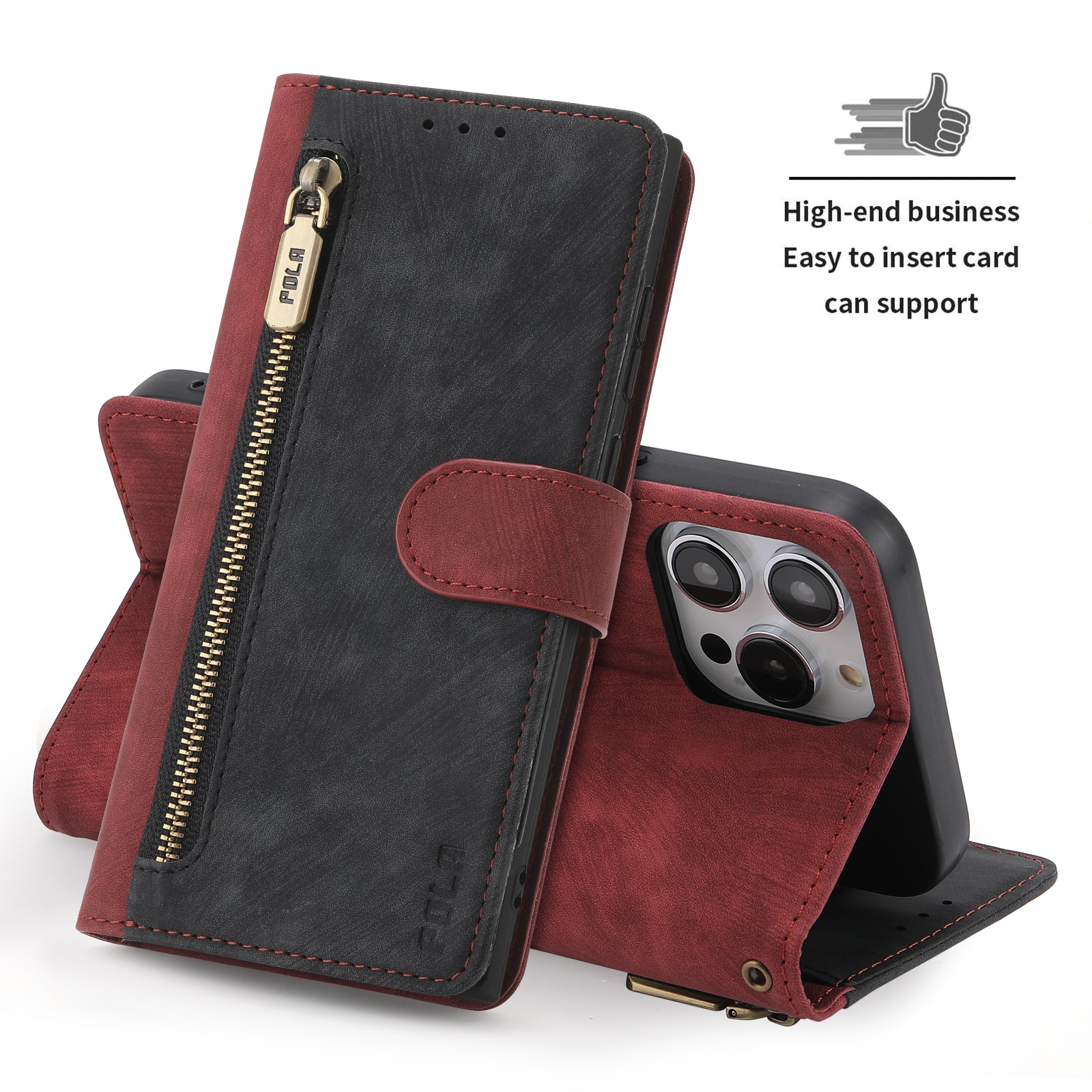 RFID-blockierende Leder-Brieftaschenhülle für iPhone – Klapphülle mit Reißverschluss, Kartenfach, magnetischer Ständer, stoßfester Schutz, Premium-Design für iPhone