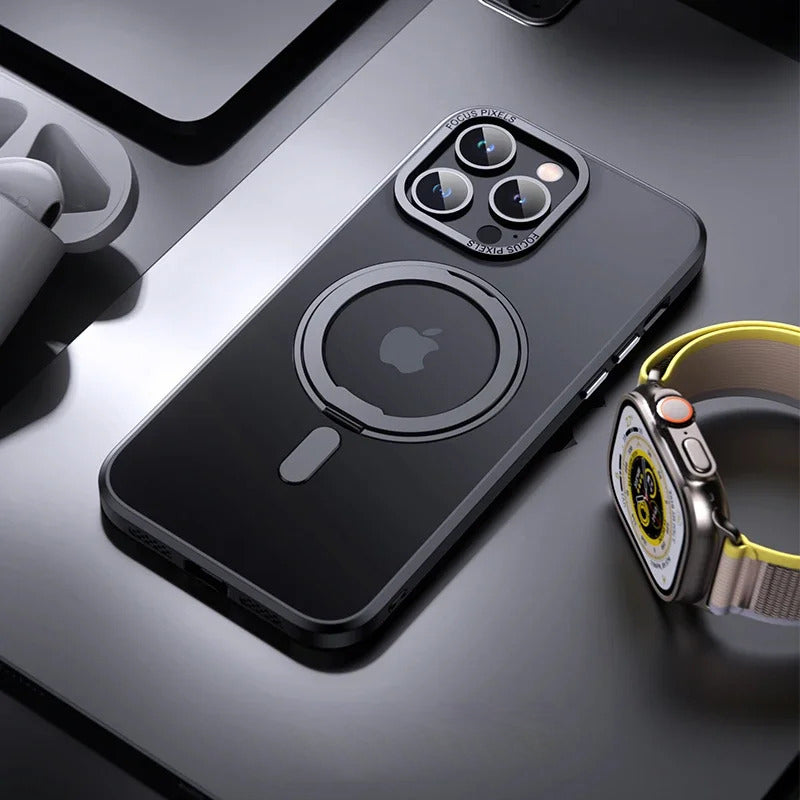 Luxury Magnetic 360° Rotating Stand Frosted Transparent Cover with Ring Holder Shockproof & Hands-Free Design Case for iPhone