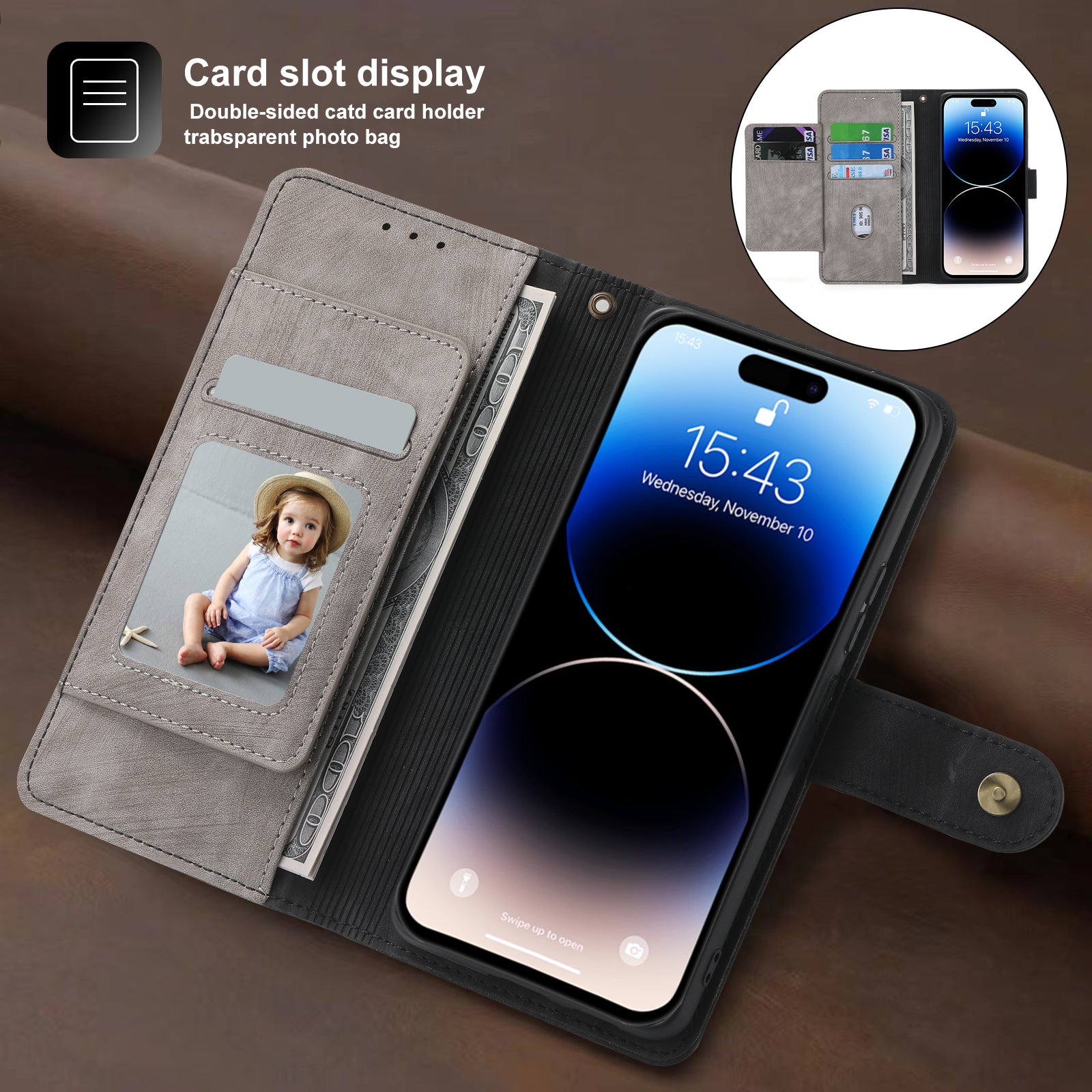 RFID-blockierende Leder-Brieftaschenhülle für iPhone – Klapphülle mit Reißverschluss, Kartenfach, magnetischer Ständer, stoßfester Schutz, Premium-Design für iPhone