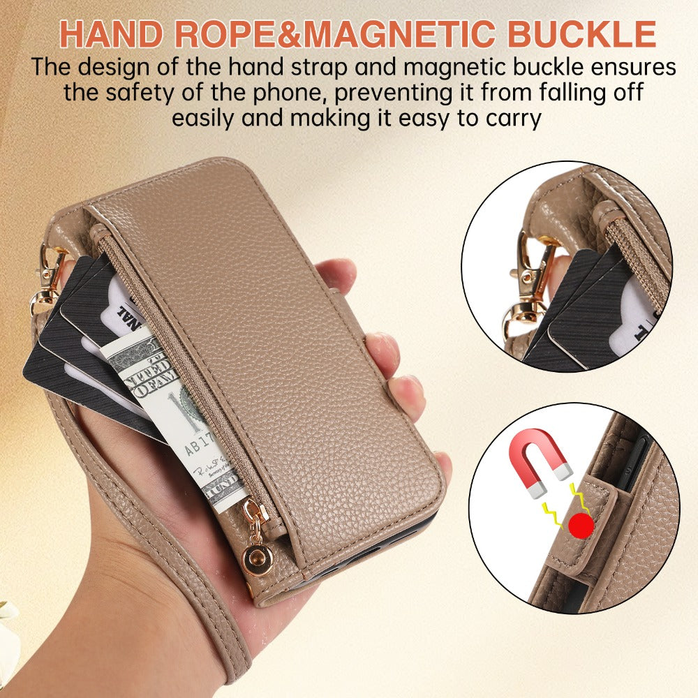 Luxury Crossbody Zipper Wallet iPhone Case – Leather Card Holder, Hands-Free Strap, Shockproof Protection, and Stylish Design for Ultimate Convenience