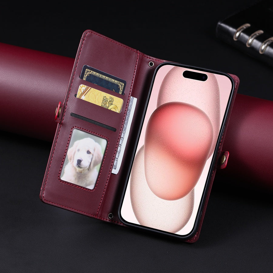 Luxury Dual-Layer Wallet iPhone Case – Flip Leather Cover with Card Slots, Photo Frame, 2 Lanyards, Shockproof Protection, and Stand Feature for iPhone