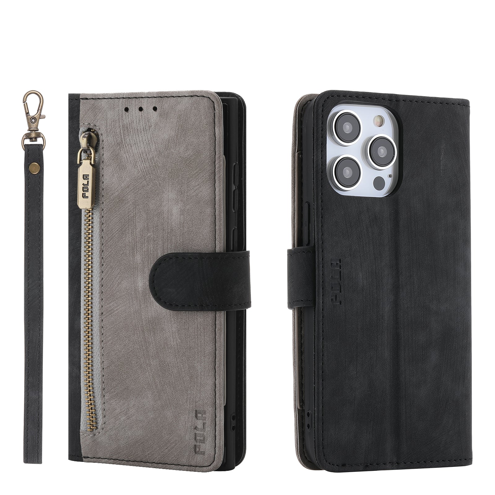 RFID-blockierende Leder-Brieftaschenhülle für iPhone – Klapphülle mit Reißverschluss, Kartenfach, magnetischer Ständer, stoßfester Schutz, Premium-Design für iPhone