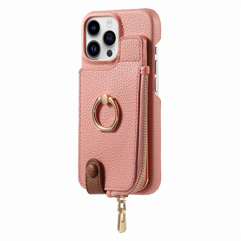 Luxury Leather Zipper Wallet iPhone Case – Card Holder, Ring Kickstand, Shockproof Cover for iPhone Models