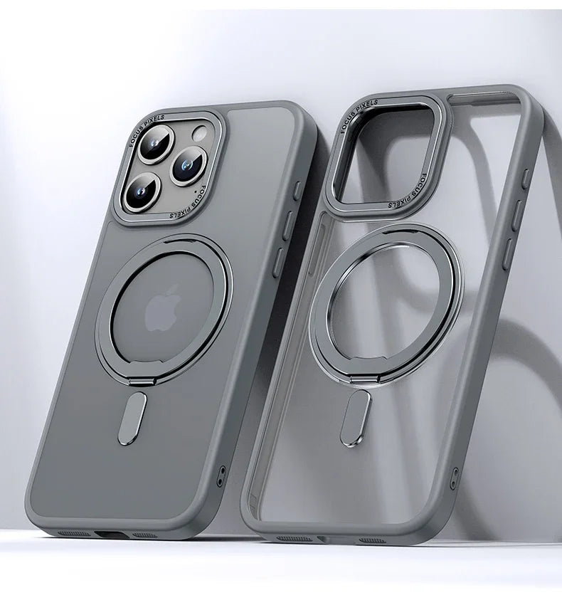 Luxury Magnetic 360° Rotating Stand Frosted Transparent Cover with Ring Holder Shockproof & Hands-Free Design Case for iPhone