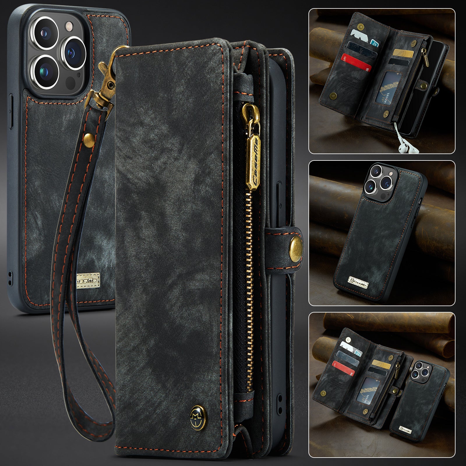 Luxury Detachable Leather Wallet iPhone Case – Multi-Function Zipper Flip Cover, Card Holder, Shockproof Protection, Magnetic Closure for iPhone