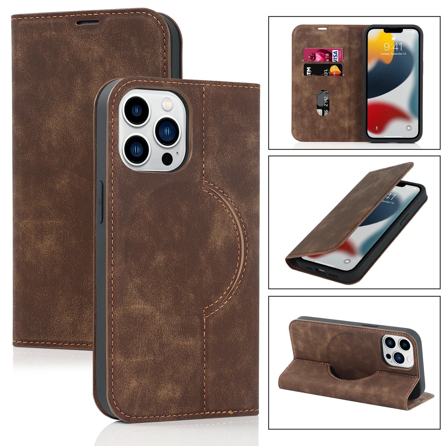 Luxuriöse magnetische Leder-Brieftaschenhülle für das iPhone – MagSafe Kabelloses Laden, Kartensteckplatz, Standfunktion, Premium-Schutz, stilvolle und langlebige Hülle