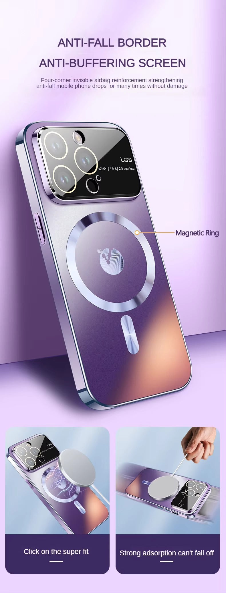 Premium-Hülle für Apple iPhone, MagSafe-kompatibel, Kameraobjektiv- und Bildschirmschutz, ultradünne, stoßfeste, magnetische Rundum-Schutzhülle mit Schiebeobjektiv und transparenter Acrylrückseite