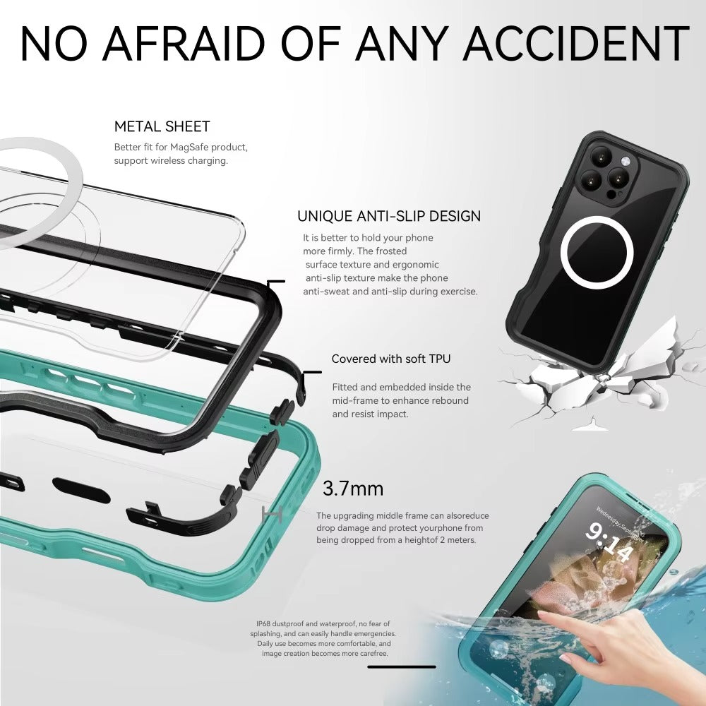 Premium Apple iPhone Case MagSafe Compatible, Camera Lens & Screen Protection, Cover with IP68 Waterproof TPU Armor