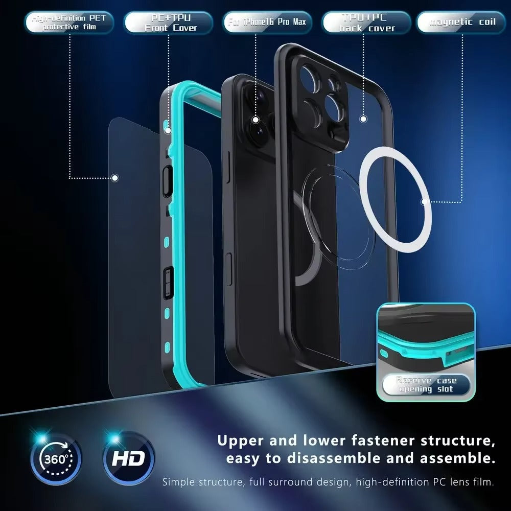 Luxury Apple iPhone Case MagSafe Compatible, Camera Lens & Screen Protection, Ultra Thin Shockproof Magnetic Full All Around Protection Cover with IP68 Waterproof 360 Seal Design