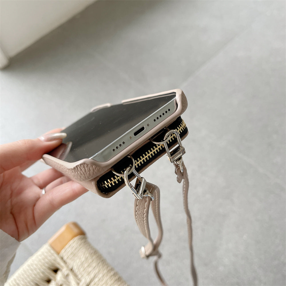 Luxury Zipper Wallet Crossbody iPhone Case – Leather Cover with , Shoulder Lanyard, and Full Protection for iPhone Models