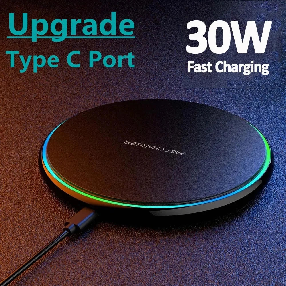 Premium 30W Wireless Charging Pad – Schnelles Induktionsladegerät mit Typ-C-Anschluss, LED-Anzeige, kompatibel mit Apple iPhone, AirPods, iOS- und Android-Geräten 
