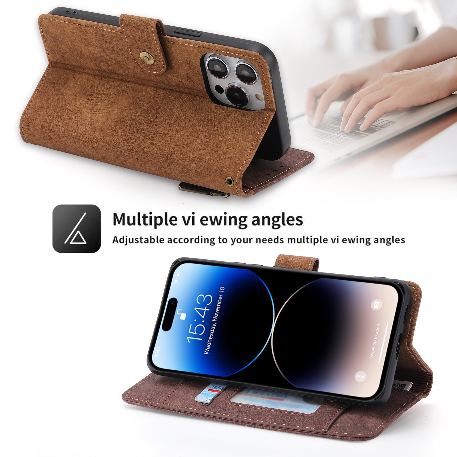 RFID-blockierende Leder-Brieftaschenhülle für iPhone – Klapphülle mit Reißverschluss, Kartenfach, magnetischer Ständer, stoßfester Schutz, Premium-Design für iPhone