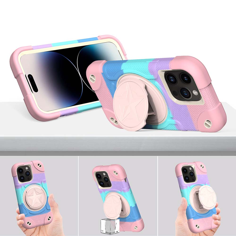 Shield Rotating Ring Rugged Stand iPhone Case – Star Design, Macaron Color Bumper Cover, Durable Protection for iPhone Models