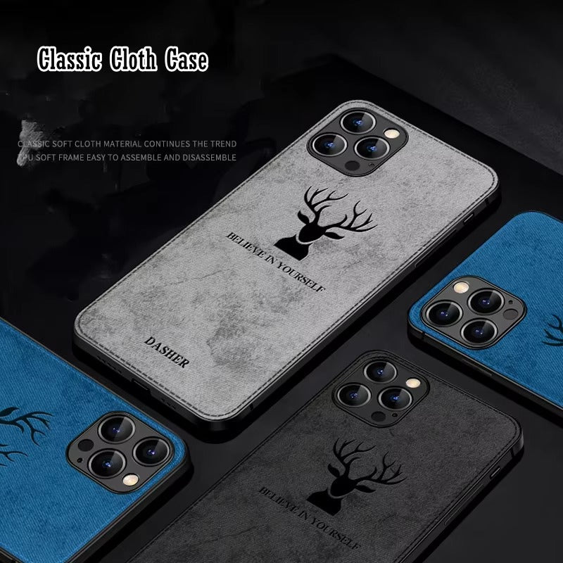 Premium  Fashion Cloth iPhone Case – Built-in Magnetic Iron, Deer & Cat Design Durable Protective Shell | Case for iPhone