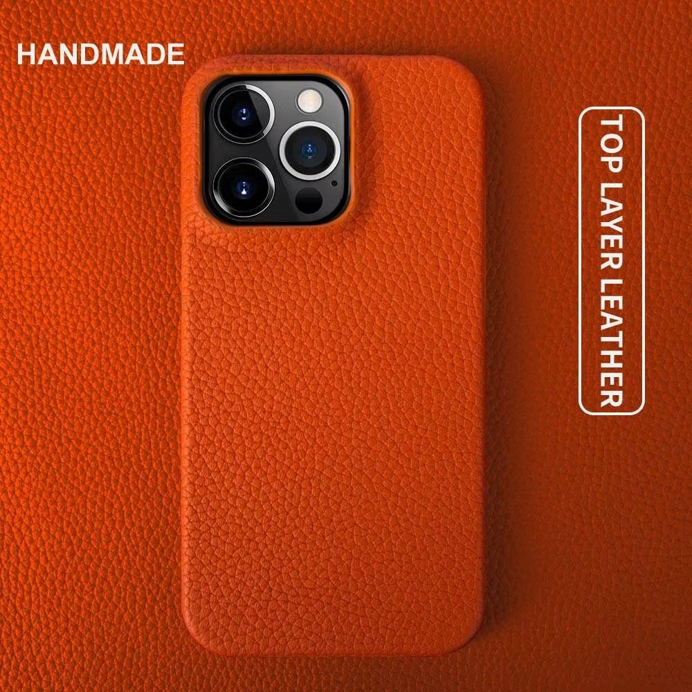 Luxury Natural Cowhide Leather MagSafe iPhone Case – Lychee Texture, Durable & Stylish Phone Back Cover | Case for iPhone