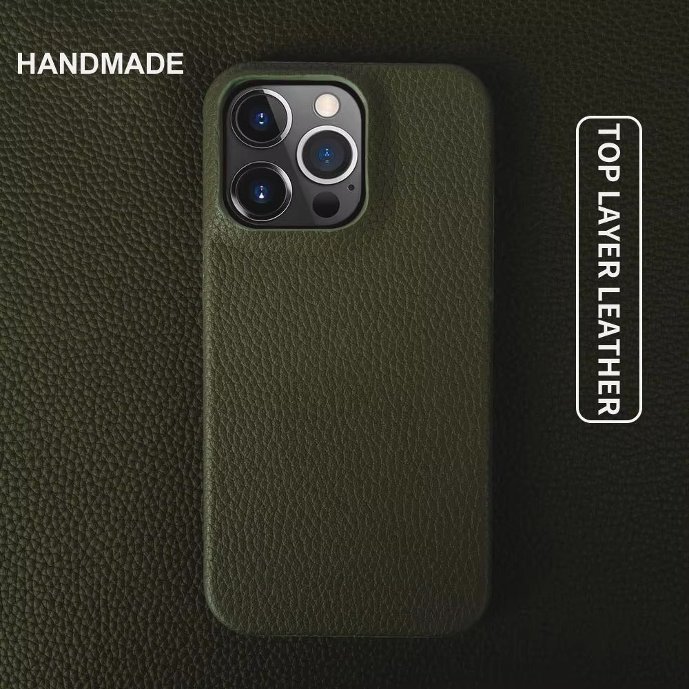 Luxury Natural Cowhide Leather MagSafe iPhone Case – Lychee Texture, Durable & Stylish Phone Back Cover | Case for iPhone