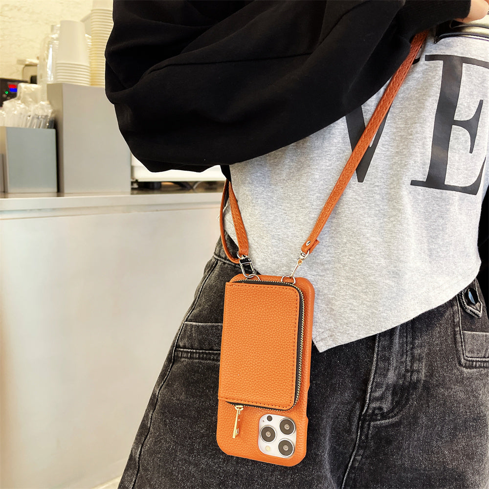 Luxury Zipper Wallet Crossbody iPhone Case – Leather Cover with , Shoulder Lanyard, and Full Protection for iPhone Models
