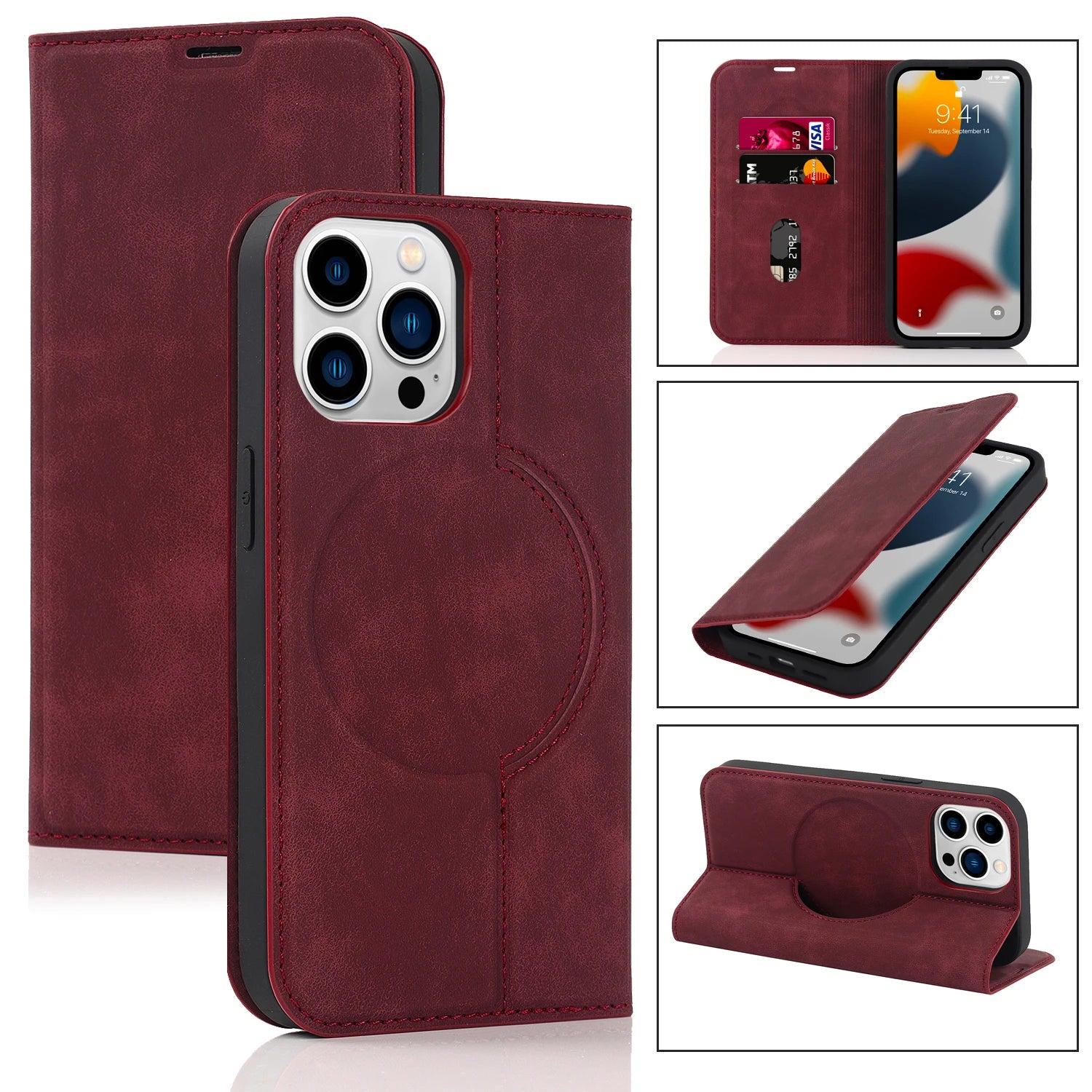 Luxuriöse magnetische Leder-Brieftaschenhülle für das iPhone – MagSafe Kabelloses Laden, Kartensteckplatz, Standfunktion, Premium-Schutz, stilvolle und langlebige Hülle