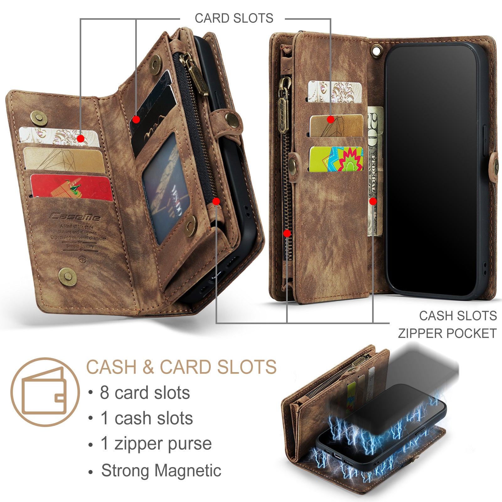 Luxury Detachable Leather Wallet iPhone Case – Multi-Function Zipper Flip Cover, Card Holder, Shockproof Protection, Magnetic Closure for iPhone