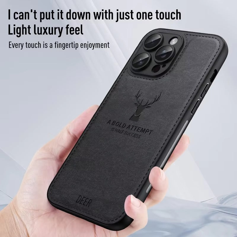 Luxury Cloth Leather Texture iPhone Case – Deer Head Pattern, Shockproof, Stylish Design for Daily Use | Case for iPhone