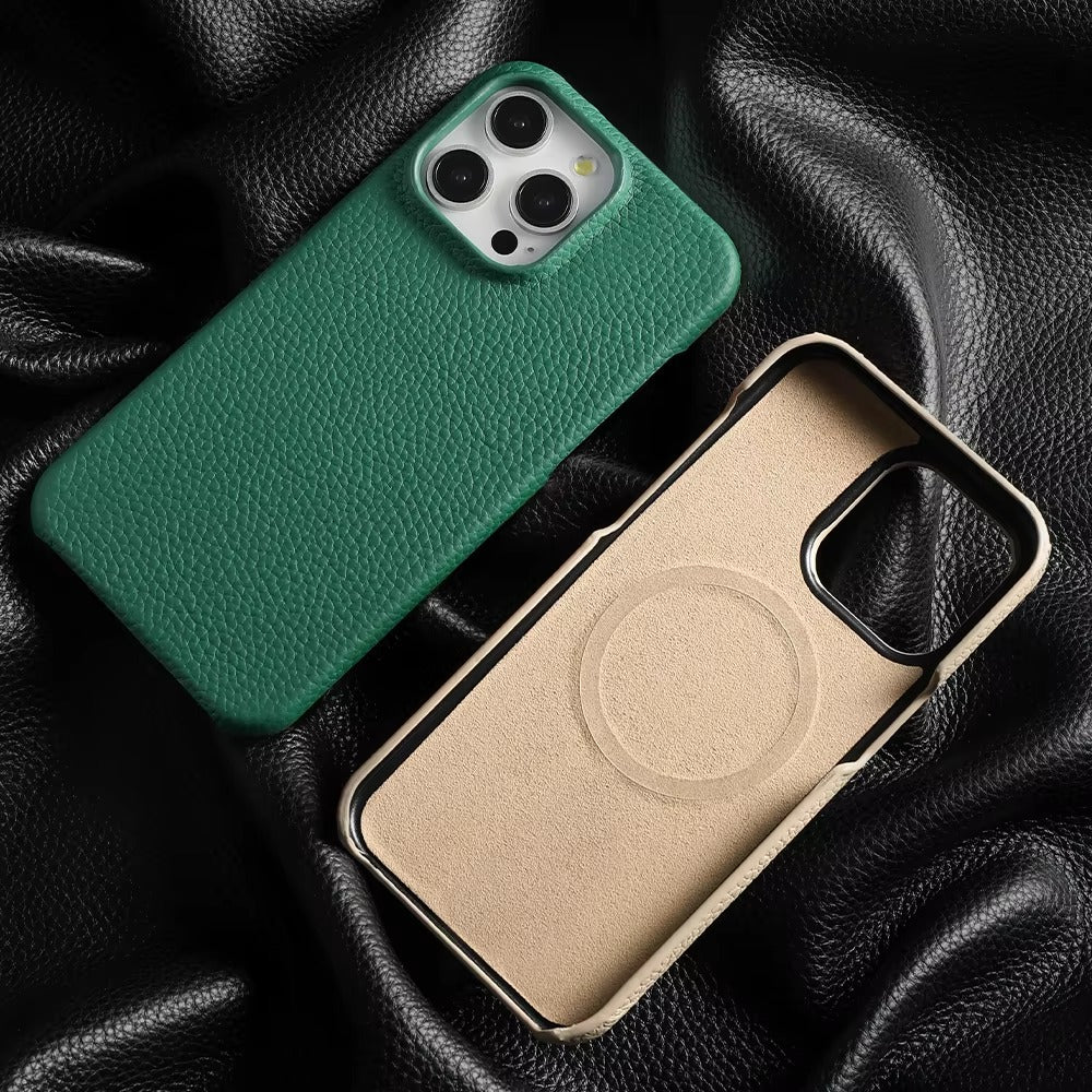 Luxury Natural Cowhide Leather MagSafe iPhone Case – Lychee Texture, Durable & Stylish Phone Back Cover | Case for iPhone