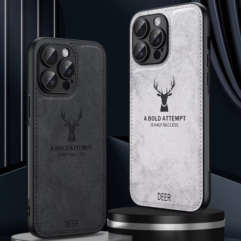 Luxury Cloth Leather Texture iPhone Case – Deer Head Pattern, Shockproof, Stylish Design for Daily Use | Case for iPhone