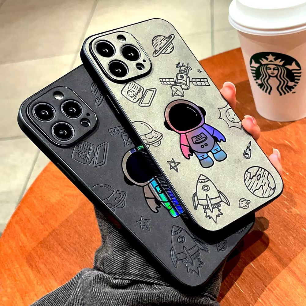 Premium  Gradient Laser Astronaut iPhone Case – Faux Leather, Full Back Protection, Stylish & Durable Cover | Case for iPhone