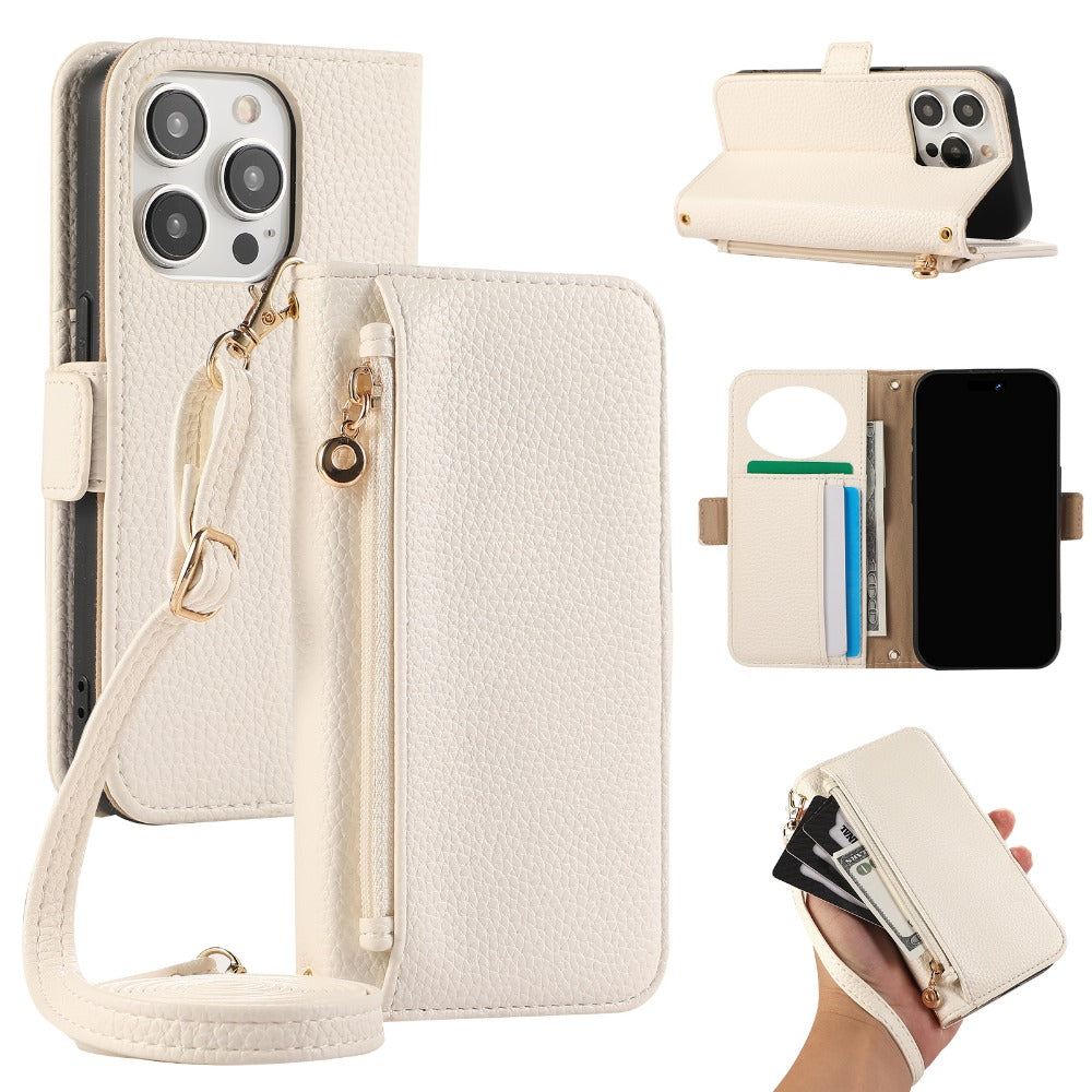 Luxury Crossbody Zipper Wallet iPhone Case – Leather Card Holder, Hands-Free Strap, Shockproof Protection, and Stylish Design for Ultimate Convenience