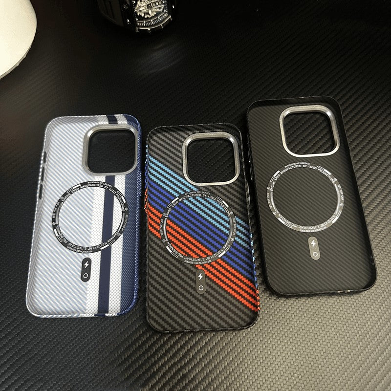 Hit Color Carbon Fiber Texture MagSafe iPhone Case – Wireless Charging Hard PC Cover with Relief Design for iPhone Models