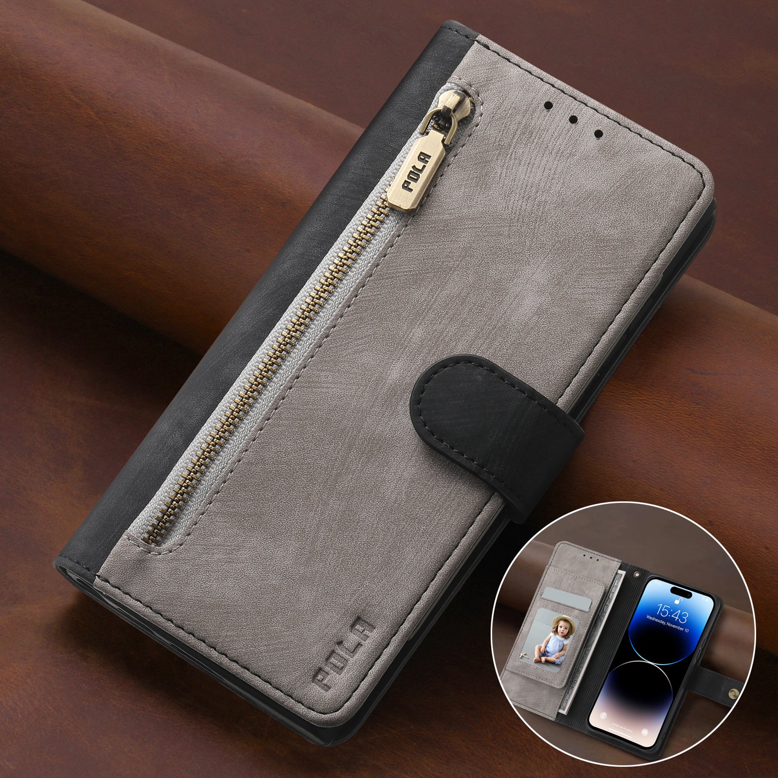 RFID-blockierende Leder-Brieftaschenhülle für iPhone – Klapphülle mit Reißverschluss, Kartenfach, magnetischer Ständer, stoßfester Schutz, Premium-Design für iPhone