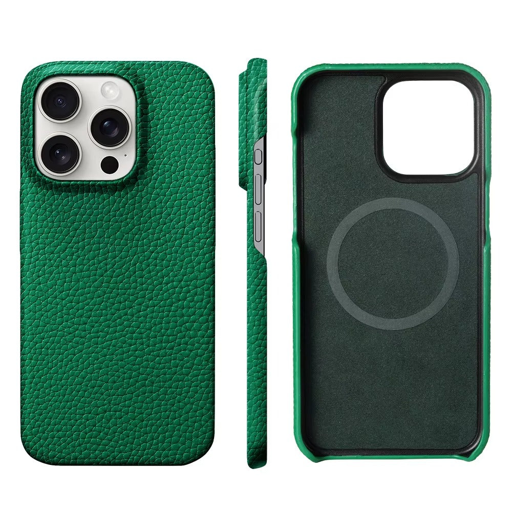 Luxury Natural Cowhide Leather MagSafe iPhone Case – Lychee Texture, Durable & Stylish Phone Back Cover | Case for iPhone