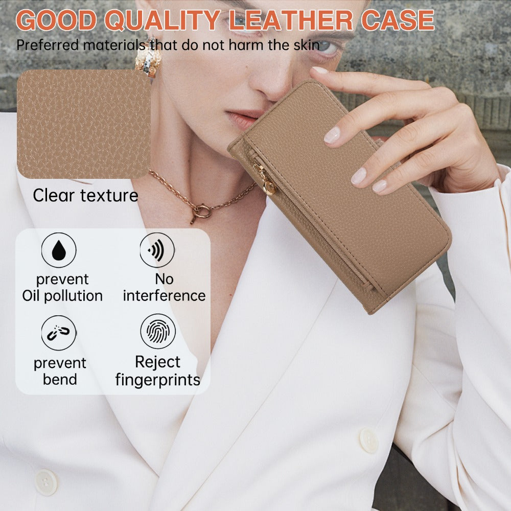 Luxury Crossbody Zipper Wallet iPhone Case – Leather Card Holder, Hands-Free Strap, Shockproof Protection, and Stylish Design for Ultimate Convenience