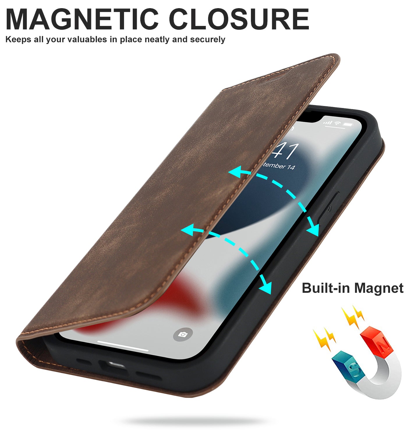 Luxuriöse magnetische Leder-Brieftaschenhülle für das iPhone – MagSafe Kabelloses Laden, Kartensteckplatz, Standfunktion, Premium-Schutz, stilvolle und langlebige Hülle